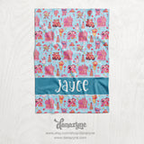 Personalized Holiday Character Blanket - Boy's Repeating Pattern Name Block Style Plush Minky Blanket - Blue