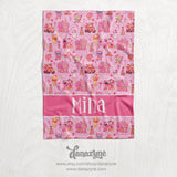 Personalized Holiday Character Blanket - Girl's Repeating Pattern Name Block Style Plush Minky Blanket - Pink
