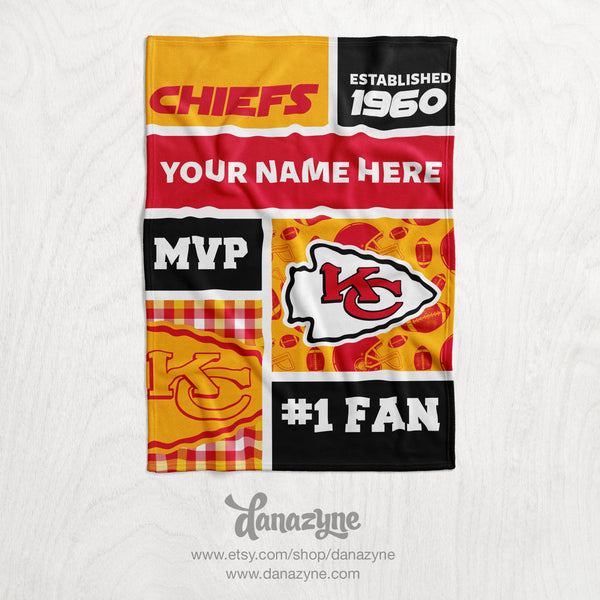 Personalized Kansas City Chiefs Inspired Blanket - New Oversized Football Block Faux Quilt Style Plush Minky Blanket