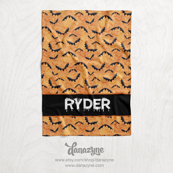 Personalized Orange Bats Halloween Blanket - Name Block Style Plush Minky Blanket