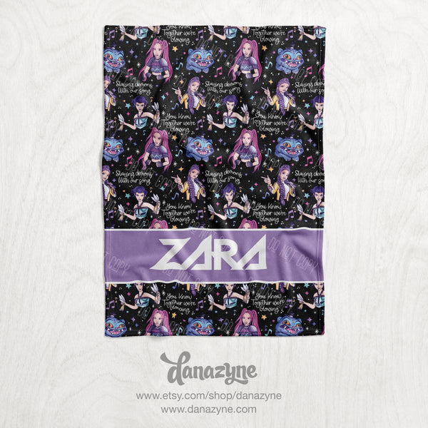 Personalized KPOP Demon Hunter Huntr/X Inspired Blanket - Repeating Pattern Name Block Style Plush Minky Blanket - Dark Watercolor