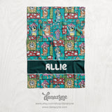 Personalized Dog Blanket - Gloomy Mushroom Repeating Pattern Youth/Baby Name Block Style Plush Minky Blanket - Bright Blue