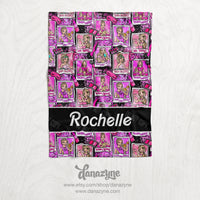 Personalized Comfy Barbie Inspired Polaroid Blanket - Repeating Pattern Youth/Baby Name Block Style Plush Minky Blanket - Pink & Black