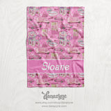Personalized Barbie Dream House Inspired Blanket - Repeating Pattern Youth/Baby Name Block Style Plush Minky Blanket - Soft Pink