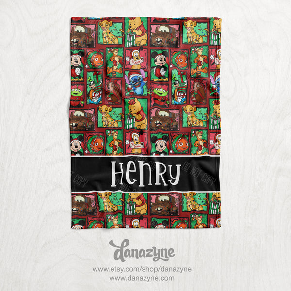 Personalized Holiday Character Blanket - Repeating Pattern Name Block Style Plush Minky Blanket - Red & Green