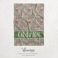 Personalized Festive Floral Grinch Blanket - Repeating Pattern Name Block Style Plush Minky Blanket