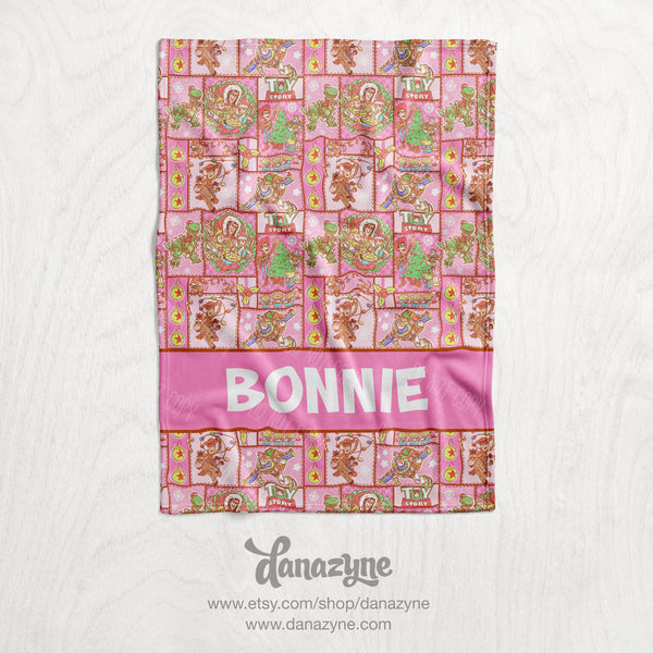 Personalized Christmas Toy Story Blanket - Repeating Pattern Name Block Style Plush Minky Blanket - Pink