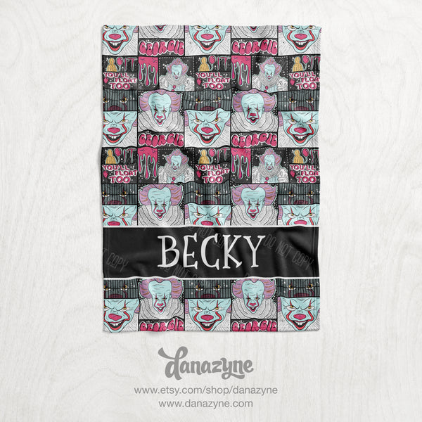 Personalized It Inspired Blanket - Halloween Pennywise Patchwork Block Style Plush Minky Blanket