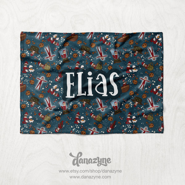 Personalized Shelf Elf Blanket - Boy's Steel Blue - Horizontal Center Name Repeating Style Plush Minky Blanket