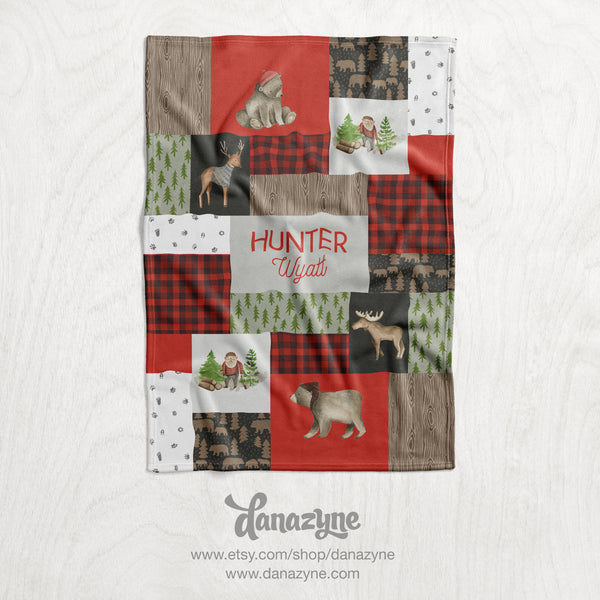 Personalized Boy's Lumberjack Blanket - Brown, Red & Gray Bear Faux Quilt Style Plush Minky Blanket