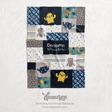 Personalized Boy's Monster Blanket - Blue & Gray Cute Monster Faux Quilt Style Plush Minky Blanket