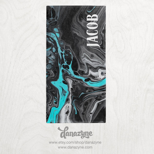 Personalized Boy's Subtle Swirl Towel - Black & Turquoise Marbled Ink Style Premium Towel