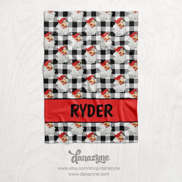 Personalized Buffalo Check Red Santa Blanket - Repeating Pattern Name Block Style Plush Minky Blanket