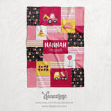Personalized Girl's Construction Truck Blanket - Girl's Pink & Yellow Construction Work Faux Quilt Style Plush Minky Blanket