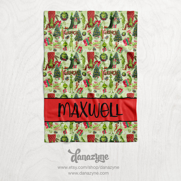 Personalized Festive Grinch Blanket - Repeating Pattern Name Block Style Plush Minky Blanket