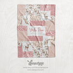 Personalized Girl's Boho Deer Blanket - Pink / Rose Gold & Gray Faux Quilt Style Plush Minky Blanket
