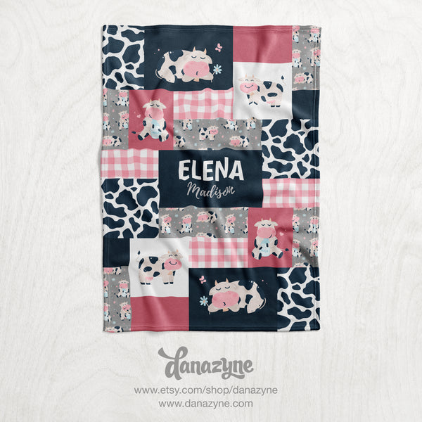 Personalized Girl's Cow Blanket - Pink, Navy & Gray Cartoon Cowhide Faux Quilt Style Plush Minky Blanket