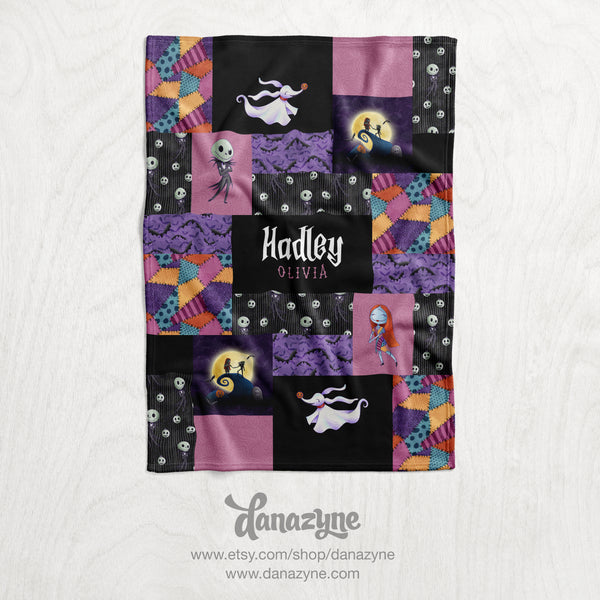 Personalized Halloween Blanket - Girls's Nightmare Before Christmas Inspired Faux Quilt Style Plush Minky Blanket