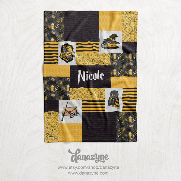 Personalized Harry Potter Inspired Blanket - Hogwarts Hufflepuff Faux Quilt Style Plush Minky Blanket
