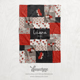 Personalized Girl's Ladybug Blanket - Red, Tan & Gray Cartoon Ladybug Faux Quilt Style Plush Minky Blanket