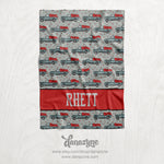 Personalized Boy's Valentine Truck Blanket - Repeating Pattern Name Block Style Plush Minky Blanket