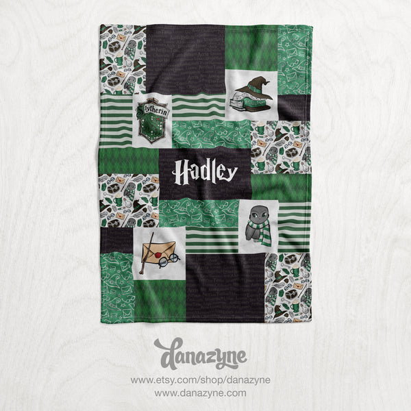 Personalized Harry Potter Inspired Blanket - Hogwarts Slytherin Faux Quilt Style Plush Minky Blanket