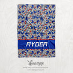 Personalized Blue Hedgehog Blanket - Sonic Repeating Pattern Name Block Style Plush Minky Blanket
