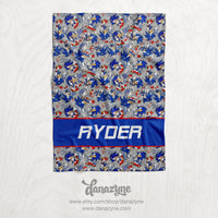 Personalized Blue Hedgehog Blanket - Sonic Repeating Pattern Name Block Style Plush Minky Blanket